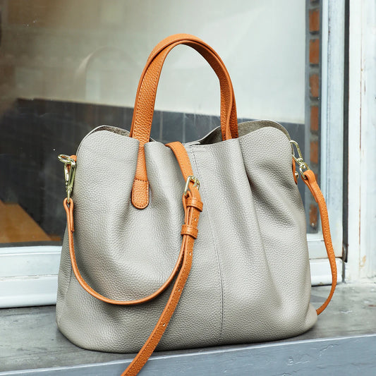 Two Tone Pebbled Leather Commuter Shoulder Bag for Women, Soft Genuine Leather Slouchy Shoulder & Handbag