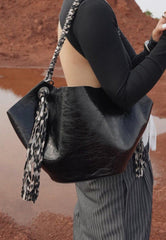 Unique Design Genuine Leather Large Tote Bucket Bag for Women | Suede Leather Autumn Tassel Bucket Bag