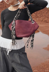 Unique Design Genuine Leather Large Tote Bucket Bag for Women | Suede Leather Autumn Tassel Bucket Bag