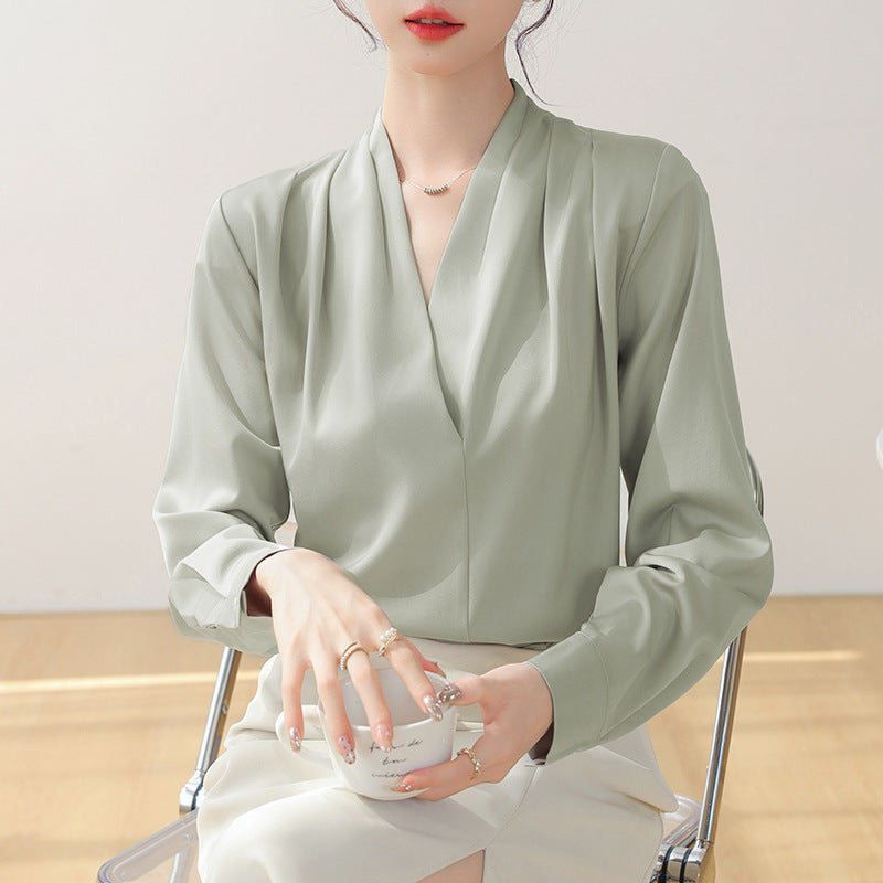 V-neck Satin Woven Blouse in French-Inspired Loose-Fit Design