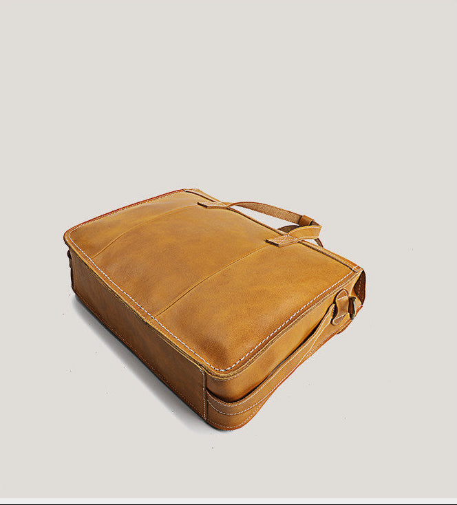Vegetable-Tanned Full Grain Leather Briefcase – 15" Laptop Bag | Handcrafted Flap-Over Work Bag with Crossbody Strap