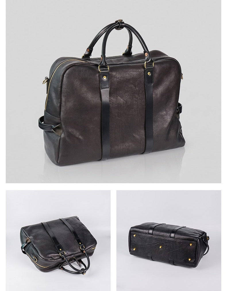 Vegetable Tanned Italian Full Grain Leather Travel Bag | Handcrafted Vintage Minimalist Business Duffel & Shoulder Bag