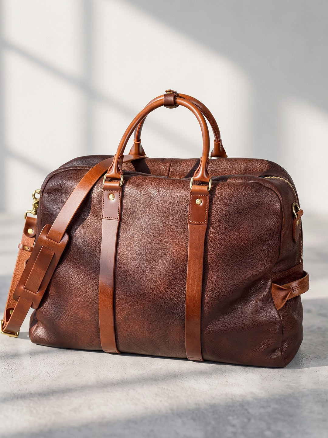 Vegetable Tanned Italian Full Grain Leather Travel Bag | Handcrafted Vintage Minimalist Business Duffel & Shoulder Bag