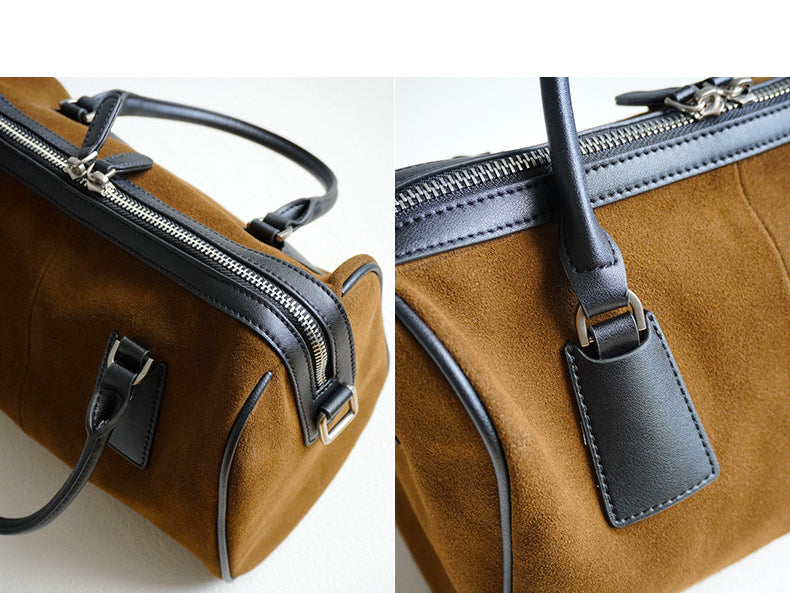Vintage Suede Boston Bag for Women | Maillard-Tone Pillow Handbag with Detachable Strap | Niche Handcrafted Commuter Crossbody Bag
