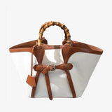 Vintage Bamboo Handle Genuine Leather Bucket Bag, Large Basket-style Commuter Tote Bag