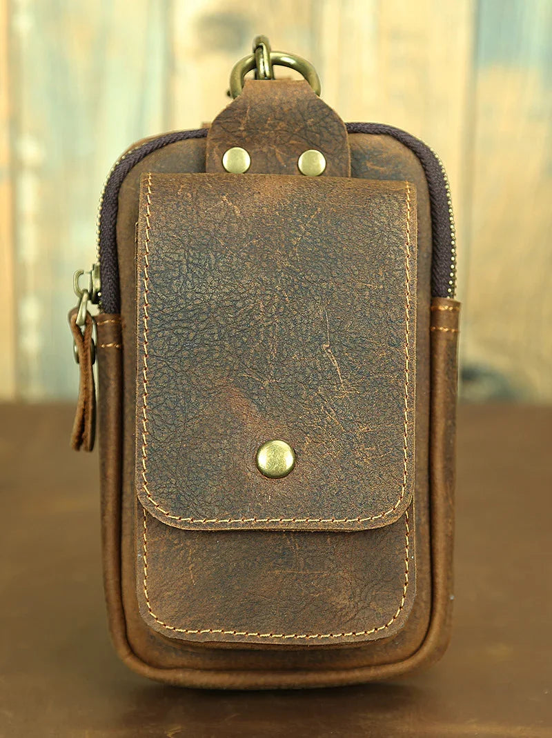 Vintage Crazy Horse Leather Waist Bag – Genuine Cowhide Belt Pouch, Multifunction 7-Inch Phone Holster Bag, Retro Crossbody Fanny Pack for Men