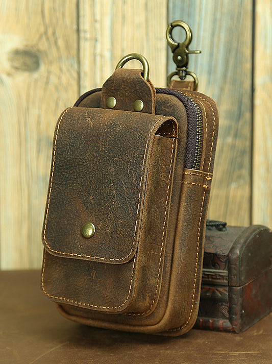 Vintage Crazy Horse Leather Waist Bag – Genuine Cowhide Belt Pouch, Multifunction 7-Inch Phone Holster Bag, Retro Crossbody Fanny Pack for Men