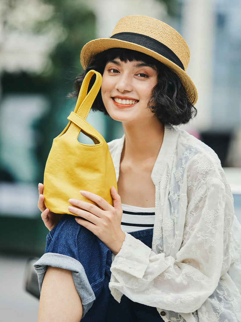 Vintage Leather Knot-Handle Bucket Bag | Handmade Soft Cowhide Mini Handbag