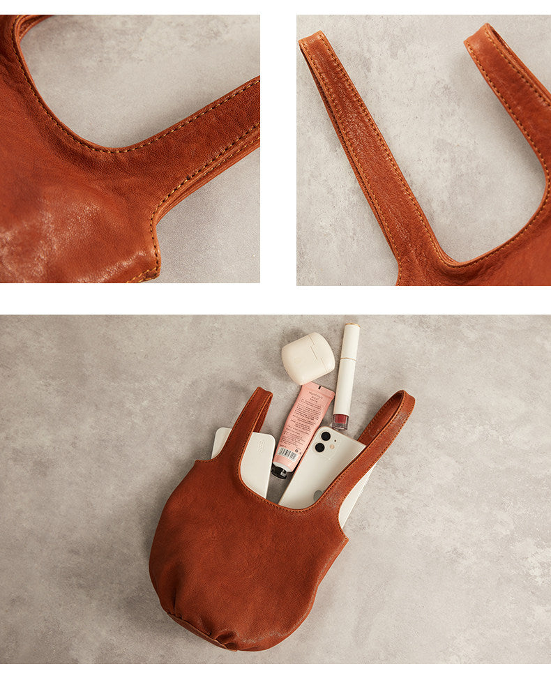 Vintage Leather Knot-Handle Bucket Bag | Handmade Soft Cowhide Mini Handbag