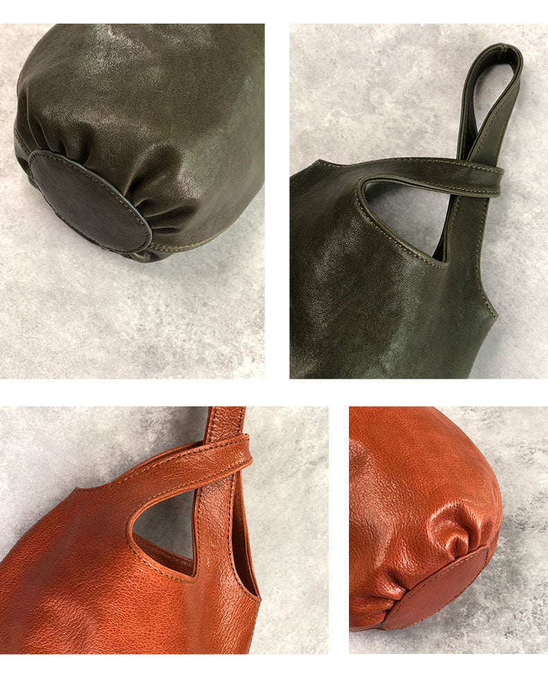 Vintage Leather Knot-Handle Bucket Bag | Handmade Soft Cowhide Mini Handbag