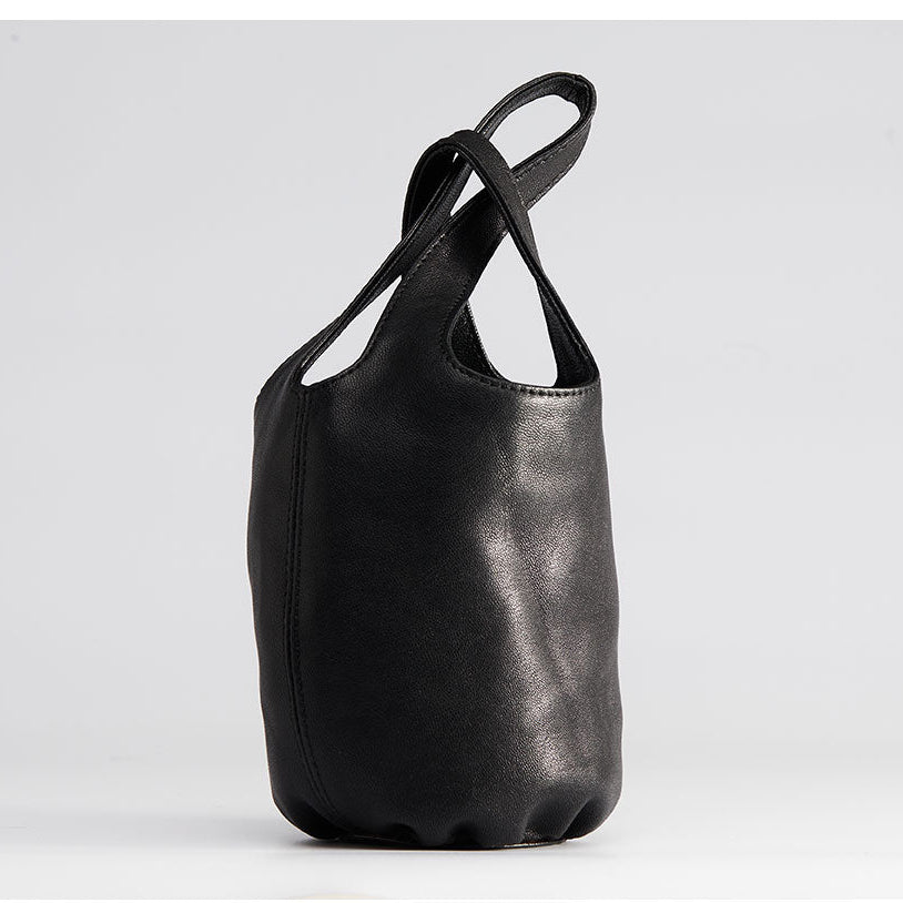 Vintage Leather Knot-Handle Bucket Bag | Handmade Soft Cowhide Mini Handbag