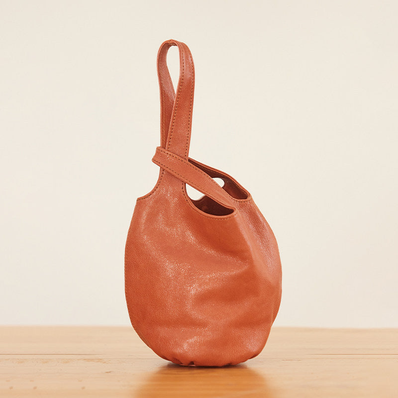 Vintage Leather Knot-Handle Bucket Bag | Handmade Soft Cowhide Mini Handbag