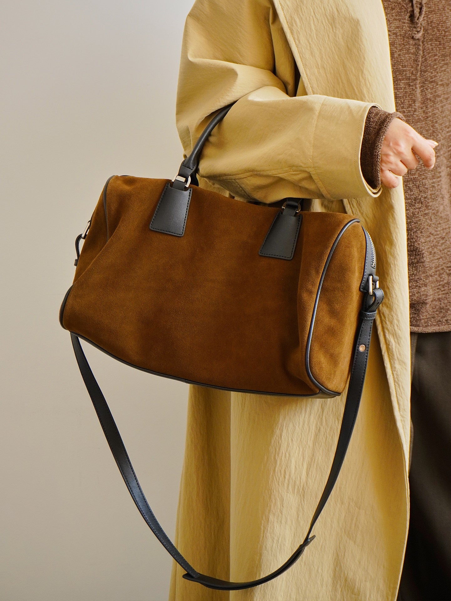 Vintage Suede Boston Bag for Women | Maillard-Tone Pillow Handbag with Detachable Strap | Niche Handcrafted Commuter Crossbody Bag
