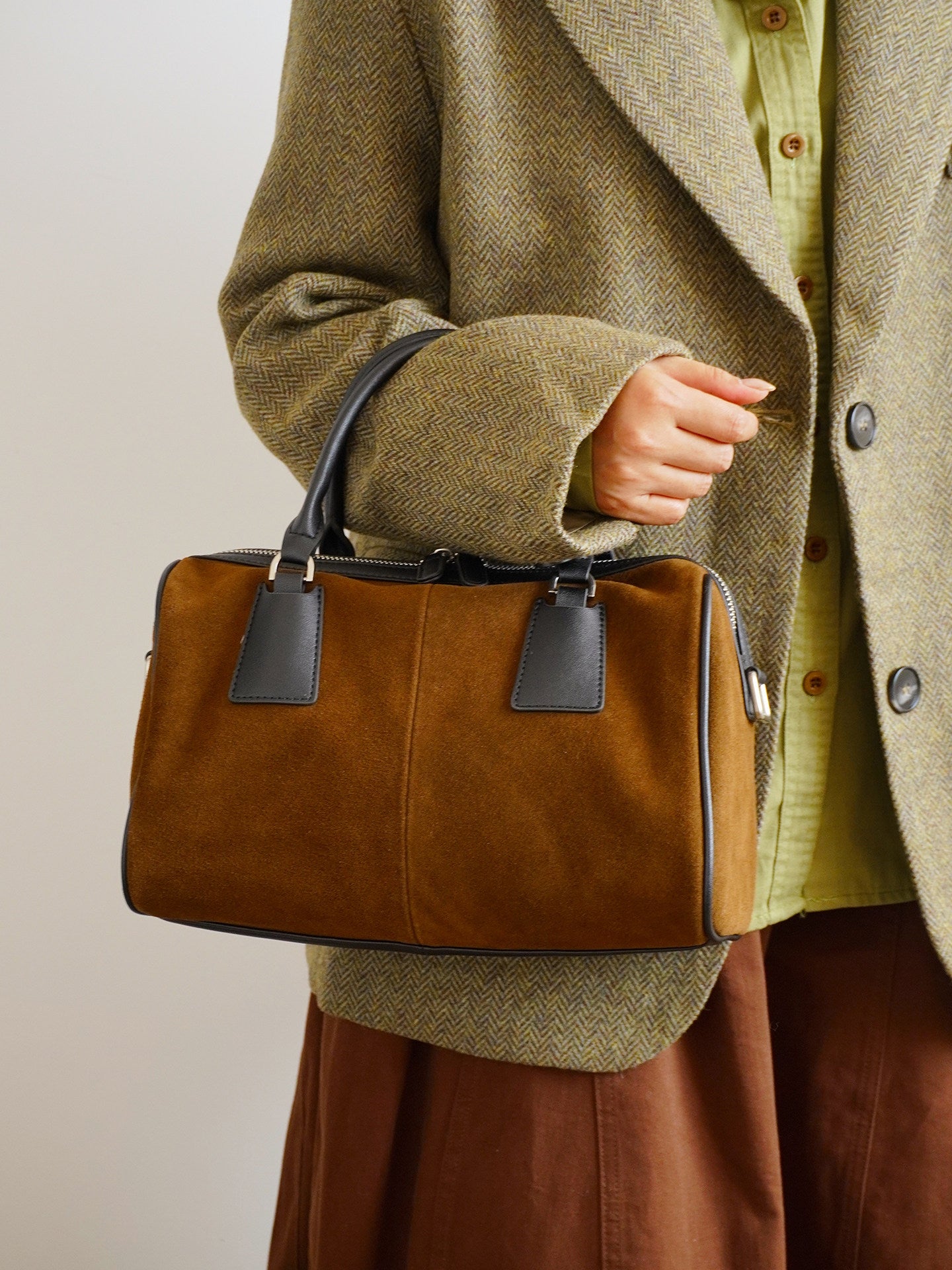Vintage Suede Boston Bag for Women | Maillard-Tone Pillow Handbag with Detachable Strap | Niche Handcrafted Commuter Crossbody Bag