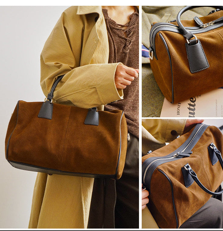 Vintage Suede Boston Bag for Women | Maillard-Tone Pillow Handbag with Detachable Strap | Niche Handcrafted Commuter Crossbody Bag