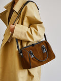 Vintage Suede Boston Bag for Women | Maillard-Tone Pillow Handbag with Detachable Strap | Niche Handcrafted Commuter Crossbody Bag