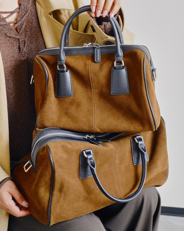 Vintage Suede Boston Bag for Women | Maillard-Tone Pillow Handbag with Detachable Strap | Niche Handcrafted Commuter Crossbody Bag