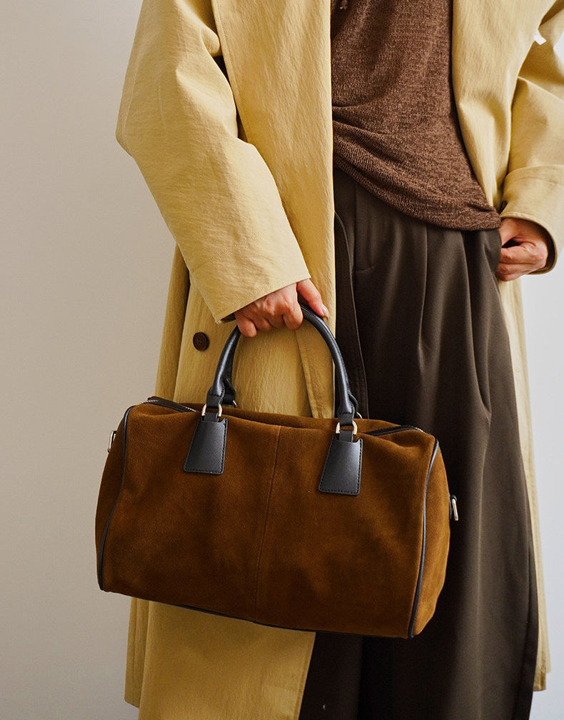 Vintage Suede Boston Bag for Women | Maillard-Tone Pillow Handbag with Detachable Strap | Niche Handcrafted Commuter Crossbody Bag