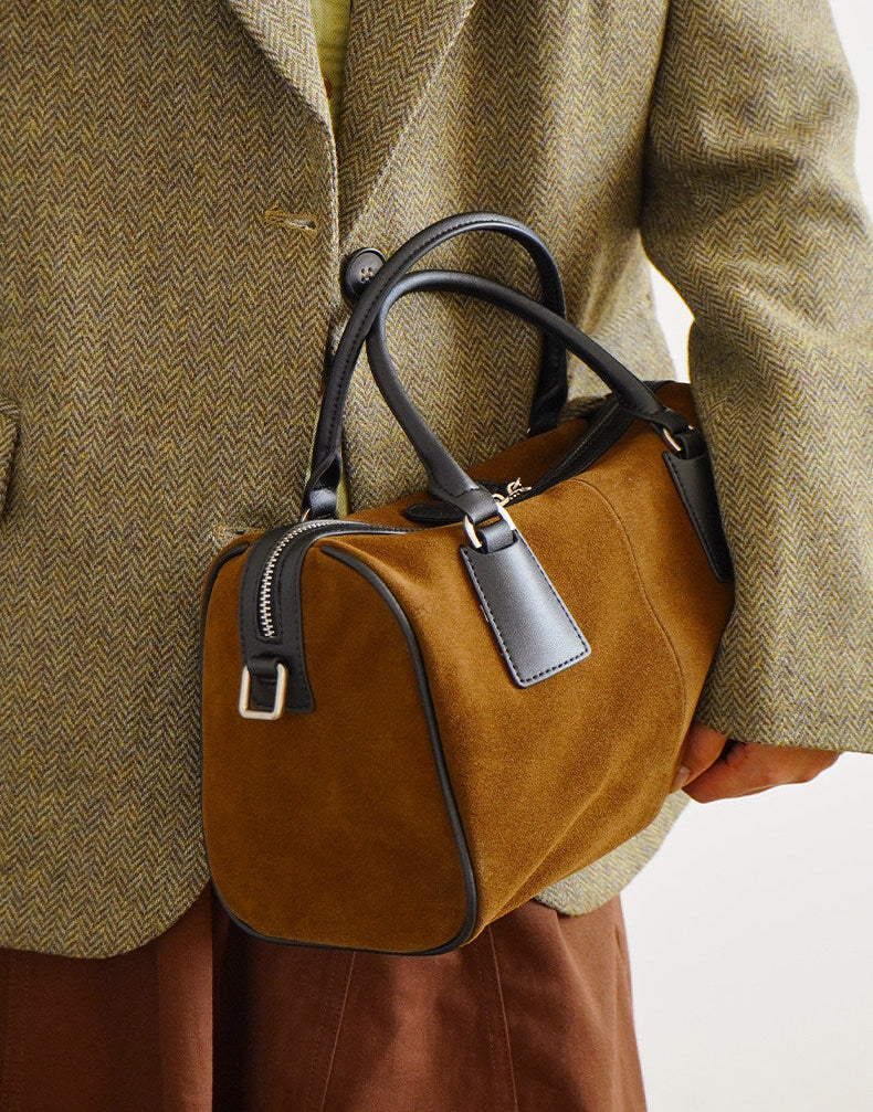 Vintage Suede Boston Bag for Women | Maillard-Tone Pillow Handbag with Detachable Strap | Niche Handcrafted Commuter Crossbody Bag