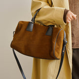 Vintage Suede Boston Bag for Women | Maillard-Tone Pillow Handbag with Detachable Strap | Niche Handcrafted Commuter Crossbody Bag