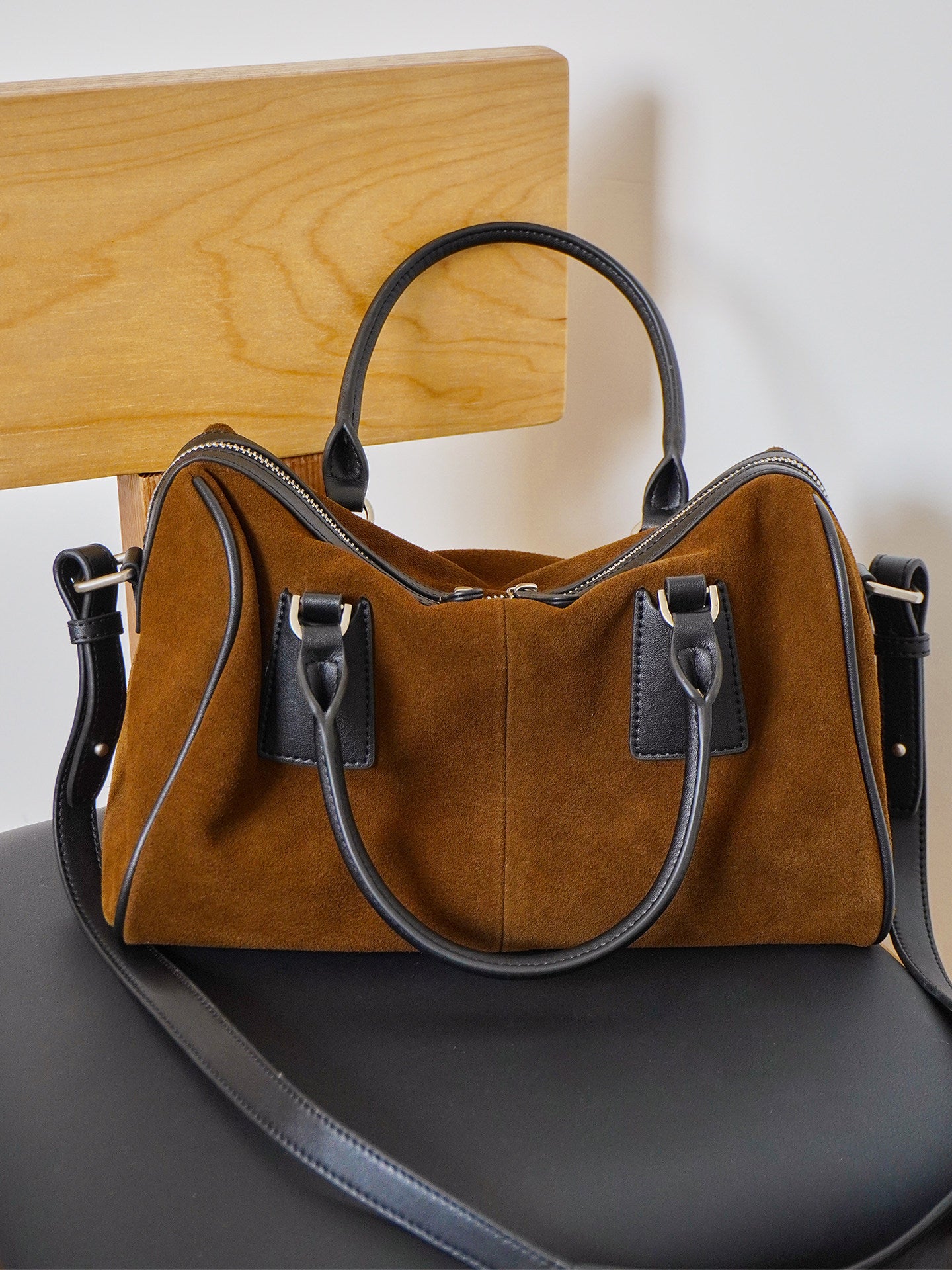 Vintage Suede Boston Bag for Women | Maillard-Tone Pillow Handbag with Detachable Strap | Niche Handcrafted Commuter Crossbody Bag