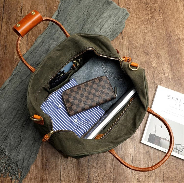 Waxed Canvas Leather Travel Duffle Bag | Men's Vintage Weekender & Overnight Bag