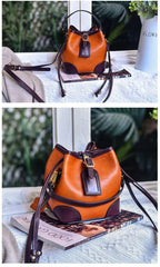 Women's Full-Grain Leather Bucket Bag | Handcrafted Top-Handle Drawstring Shoulder Tote