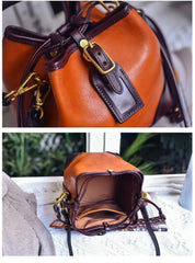 Women's Full-Grain Leather Bucket Bag | Handcrafted Top-Handle Drawstring Shoulder Tote