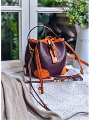 Women's Full-Grain Leather Bucket Bag | Handcrafted Top-Handle Drawstring Shoulder Tote