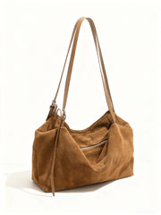 Women’s Soft Suede Leather Crossbody Bag, Large Bowling Bag, Slouchy Boho Tote for Everyday Use