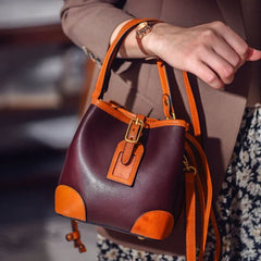 Women's Full-Grain Leather Bucket Bag | Handcrafted Top-Handle Drawstring Shoulder Tote