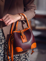 Women's Full-Grain Leather Bucket Bag | Handcrafted Top-Handle Drawstring Shoulder Tote