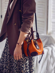 Women's Full-Grain Leather Bucket Bag | Handcrafted Top-Handle Drawstring Shoulder Tote
