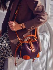Women's Full-Grain Leather Bucket Bag | Handcrafted Top-Handle Drawstring Shoulder Tote