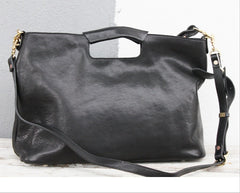 Women's Full Grain Leather Slouchy Tote Bag - Handmade Black Hobo Shoulder & Crossbody with Pouch