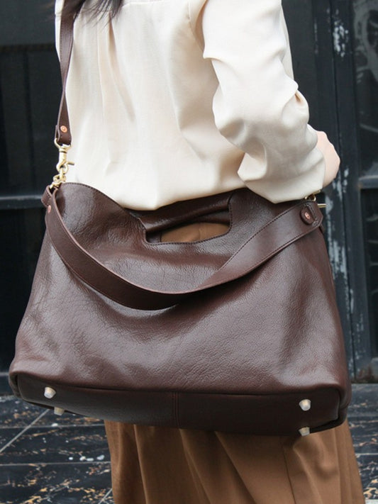 Women's Full Grain Leather Slouchy Tote Bag - Handmade Black Hobo Shoulder & Crossbody with Pouch