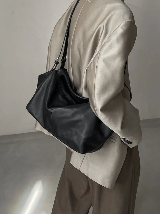 Women’s Soft Cowhide Leather Crossbody Bag, Large Bowling Bag, Slouchy Boho Tote for Everyday Use