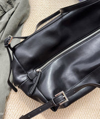 Women’s Soft Cowhide Leather Crossbody Bag, Large Bowling Bag, Slouchy Boho Tote for Everyday Use