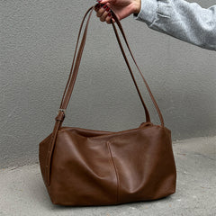 Women’s Soft Cowhide Leather Crossbody Bag, Large Bowling Bag, Slouchy Boho Tote for Everyday Use