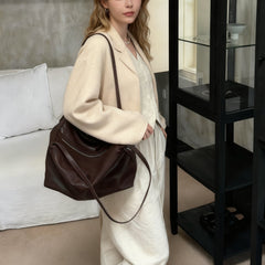 Women’s Soft Cowhide Leather Crossbody Bag, Large Bowling Bag, Slouchy Boho Tote for Everyday Use