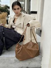 Women’s Soft Cowhide Leather Crossbody Bag, Large Bowling Bag, Slouchy Boho Tote for Everyday Use