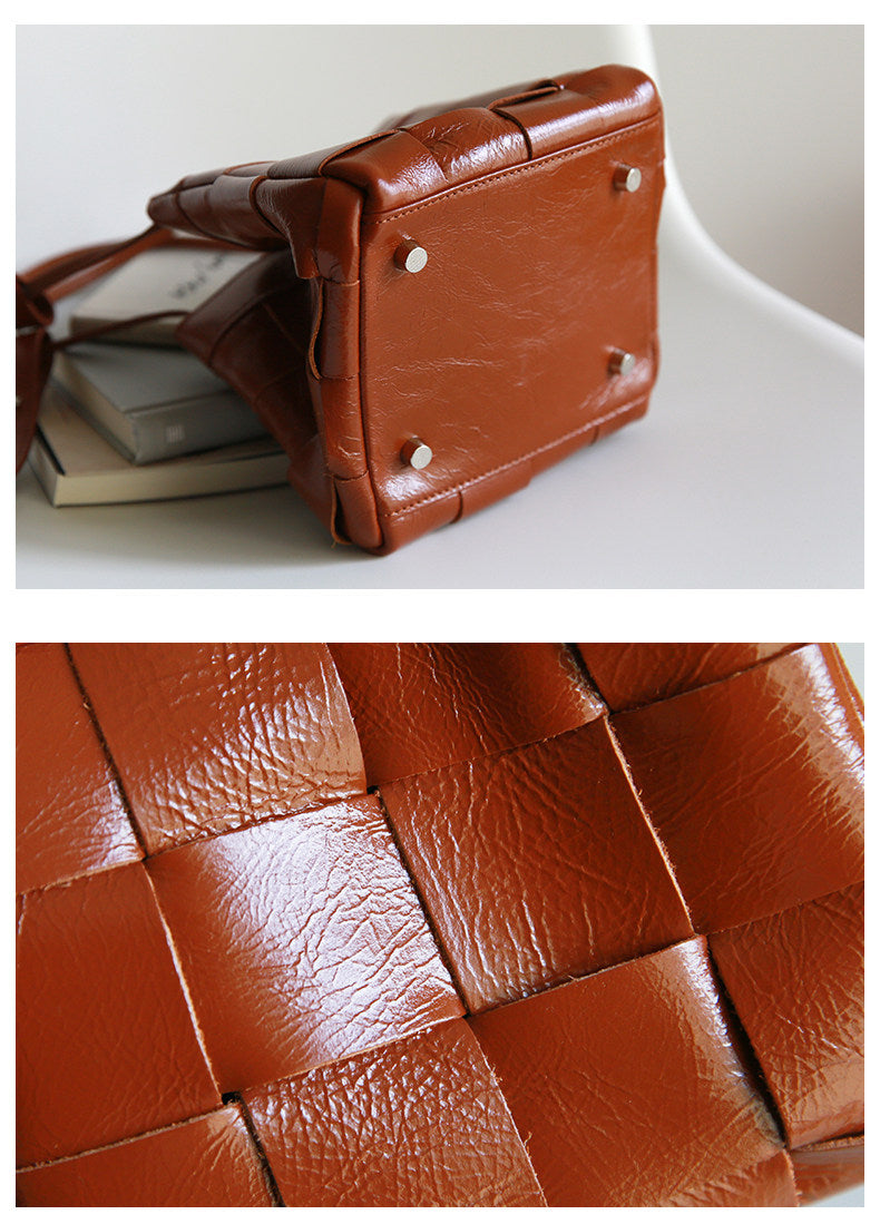 Women's Soft Luxurious Calfskin Leather Handwoven Bucket Shoulder Bag, Crossbody Bag