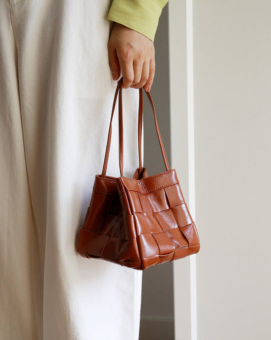 Women's Soft Luxurious Calfskin Leather Handwoven Bucket Shoulder Bag, Crossbody Bag