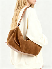 Women’s Soft Suede Leather Crossbody Bag, Large Bowling Bag, Slouchy Boho Tote for Everyday Use