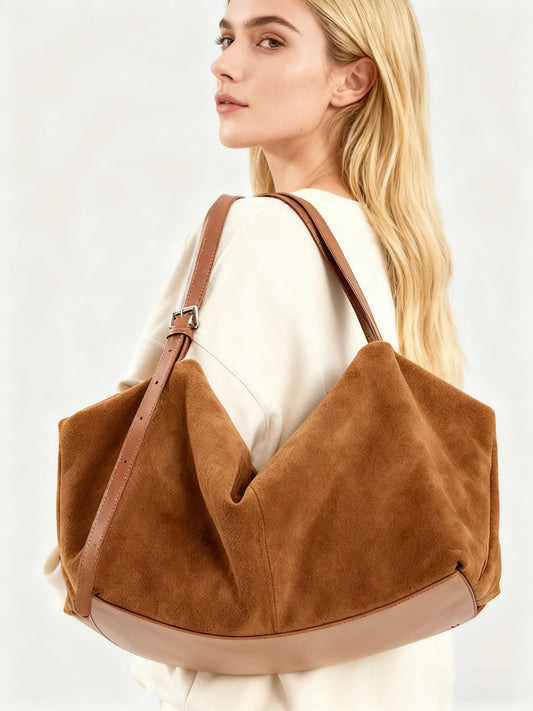 Women’s Soft Suede Leather Crossbody Bag, Large Bowling Bag, Slouchy Boho Tote for Everyday Use