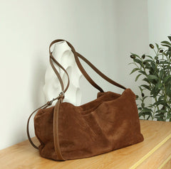 Women’s Soft Suede Leather Crossbody Bag, Large Bowling Bag, Slouchy Boho Tote for Everyday Use