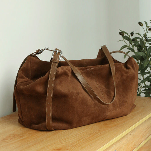 Women’s Soft Suede Leather Crossbody Bag, Large Bowling Bag, Slouchy Boho Tote for Everyday Use