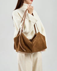 Women’s Soft Suede Leather Crossbody Bag, Large Bowling Bag, Slouchy Boho Tote for Everyday Use