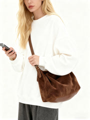 Women’s Soft Suede Leather Crossbody Bag, Large Bowling Bag, Slouchy Boho Tote for Everyday Use