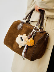 Women's Suede Leather Boston Bag | Large Shoulder & Crossbody Handbag for Fall/Winter | Vintage Commuter Bag